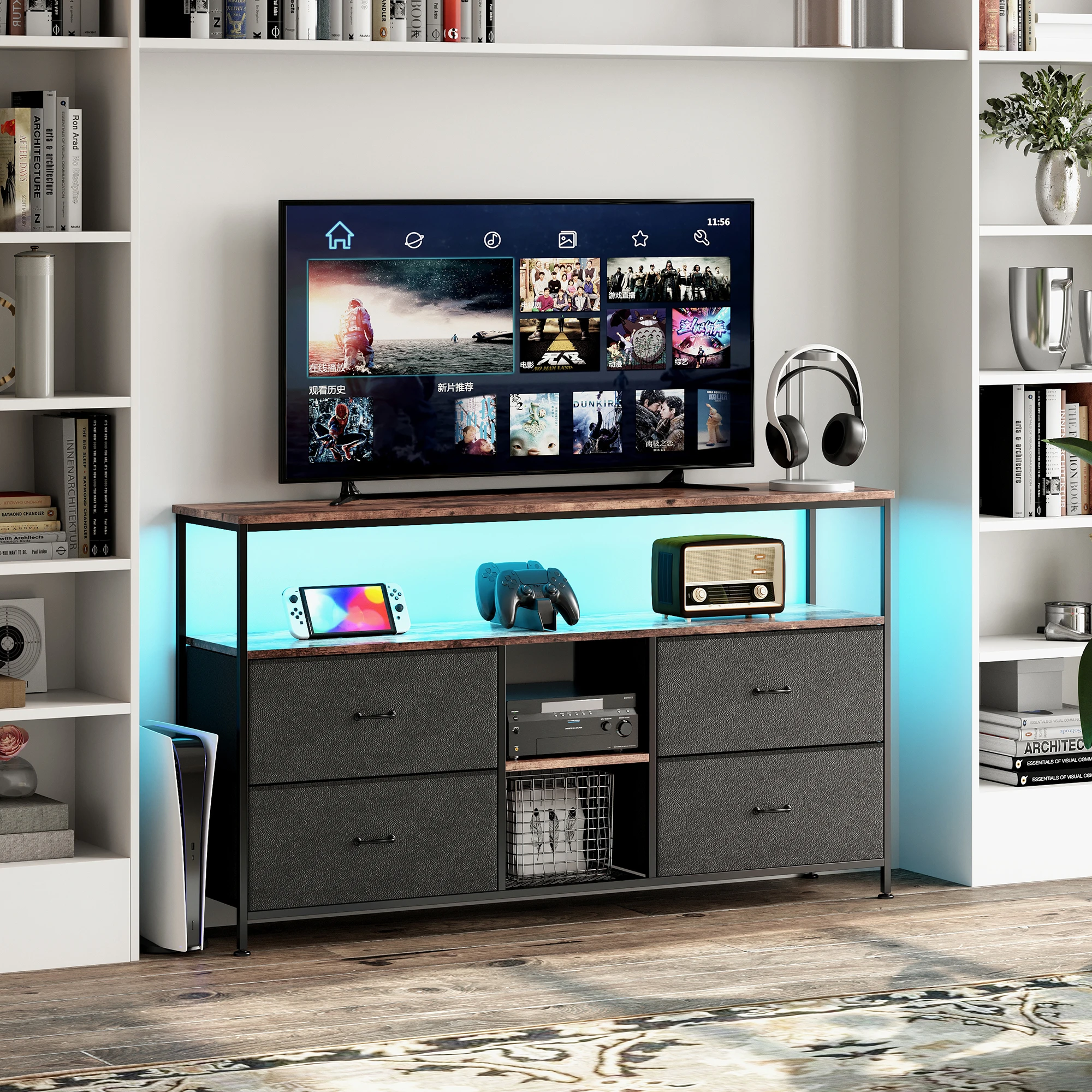 Anajqaqia 137 cm Sideboard mit 4 Stoffschubladen, TV-Ständer, Aufbewahrungsschrank, Metallrahmen, Holzplatte, für Wohnzimmer und Schlafzimmer – Detail 5