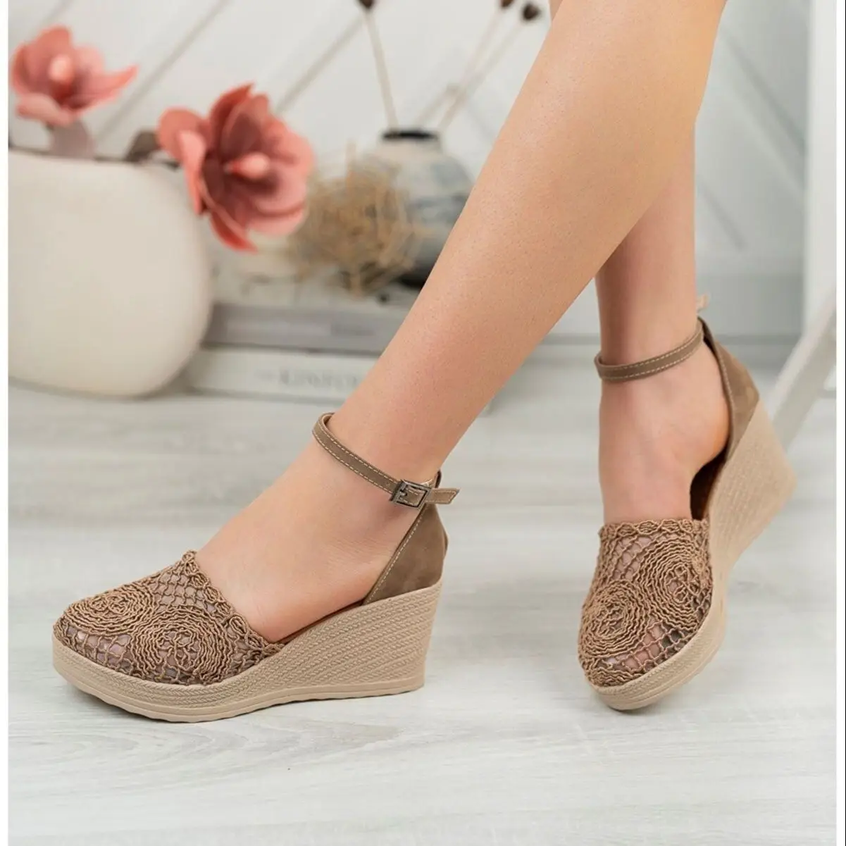 Women Wedge Heel Braided Mink Heels Shoes 2022 New Season Stylish Design Summer PU Comfortable High Sole