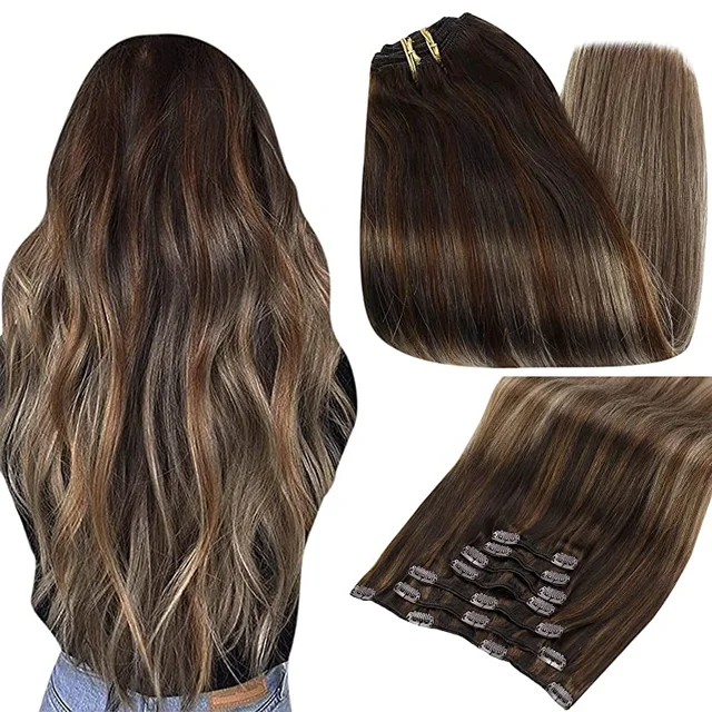 Full Shine Clip In Human Hair Extensions Balayage Ombre Blonde Black Hairpins 7pcs 120g Double Weft 100% Machine Remy For Woman 3t14p6