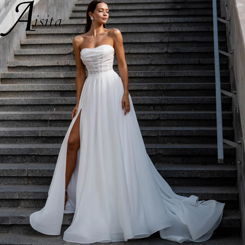 

Captivating Sweetheart Pleats Wedding Dress A Line Side Split Bridal Gowns Zipper Back With Bow Court Train Vestidos De Novia