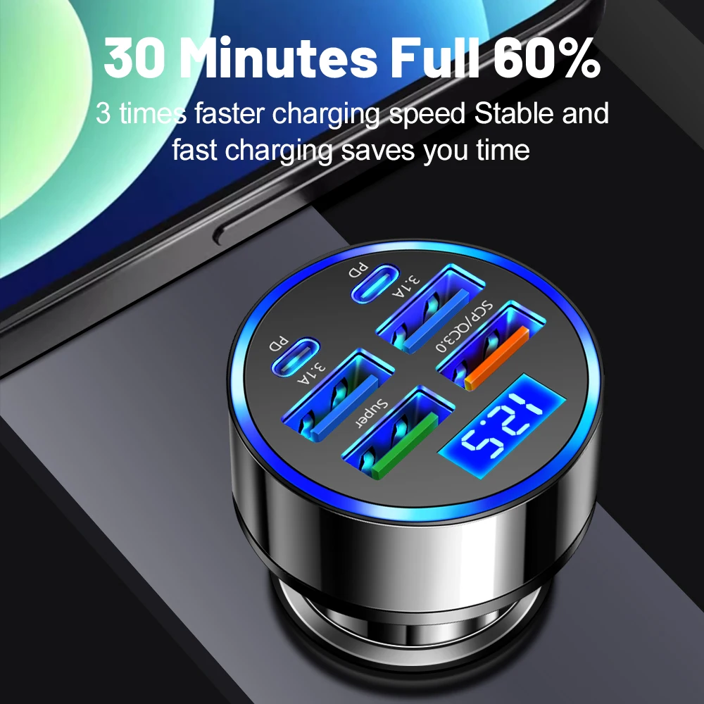 100W 6 Ports USB C Car Charger PD Fast Charging Universal Type C Car Phone Charge Adapter for iPhone Samsung Huawei Xiaomi QC3.0