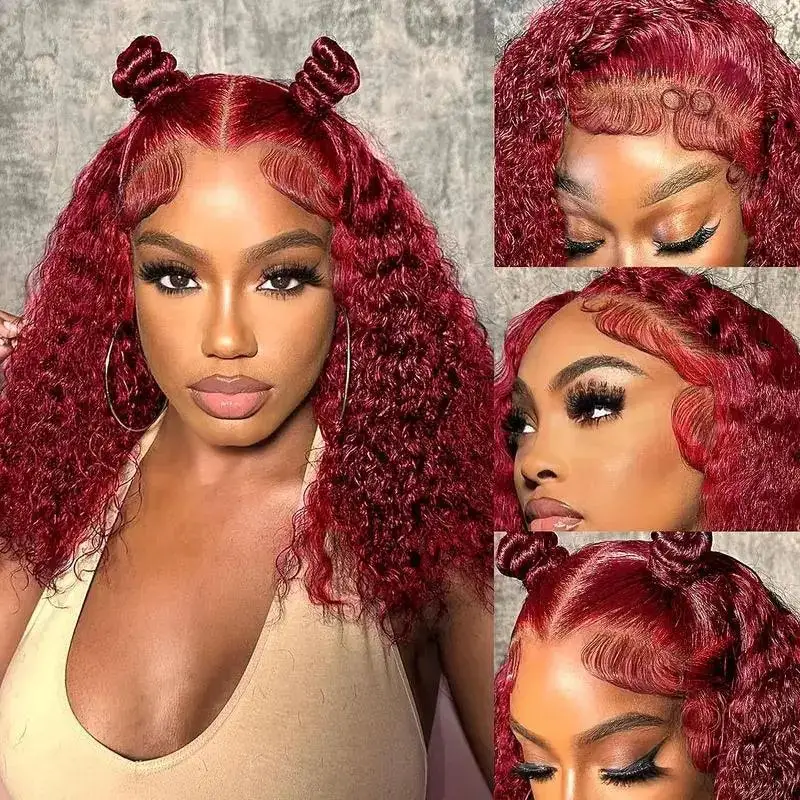 99J Burgundy Remy Hair Curly Bob Wig 7x5 Glueless Closure Short Lace Wig 100% Human Hair 13x4 180% Density HD Lace Frontal Wigs 1