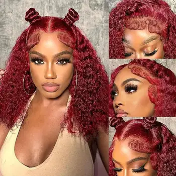 99J Burgundy Remy Hair Curly Bob Wig 7x5 Glueless Closure Short Lace Wig 100% Human Hair 13x4 180% Density HD Lace Frontal Wigs 1
