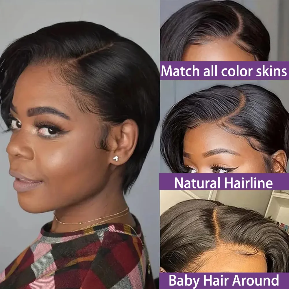 Short Pixie Cut Bob Wigs Lace Front Human Hair Wigs Natural Black Color Brazilian Straight Remy 100% Human Hair wig