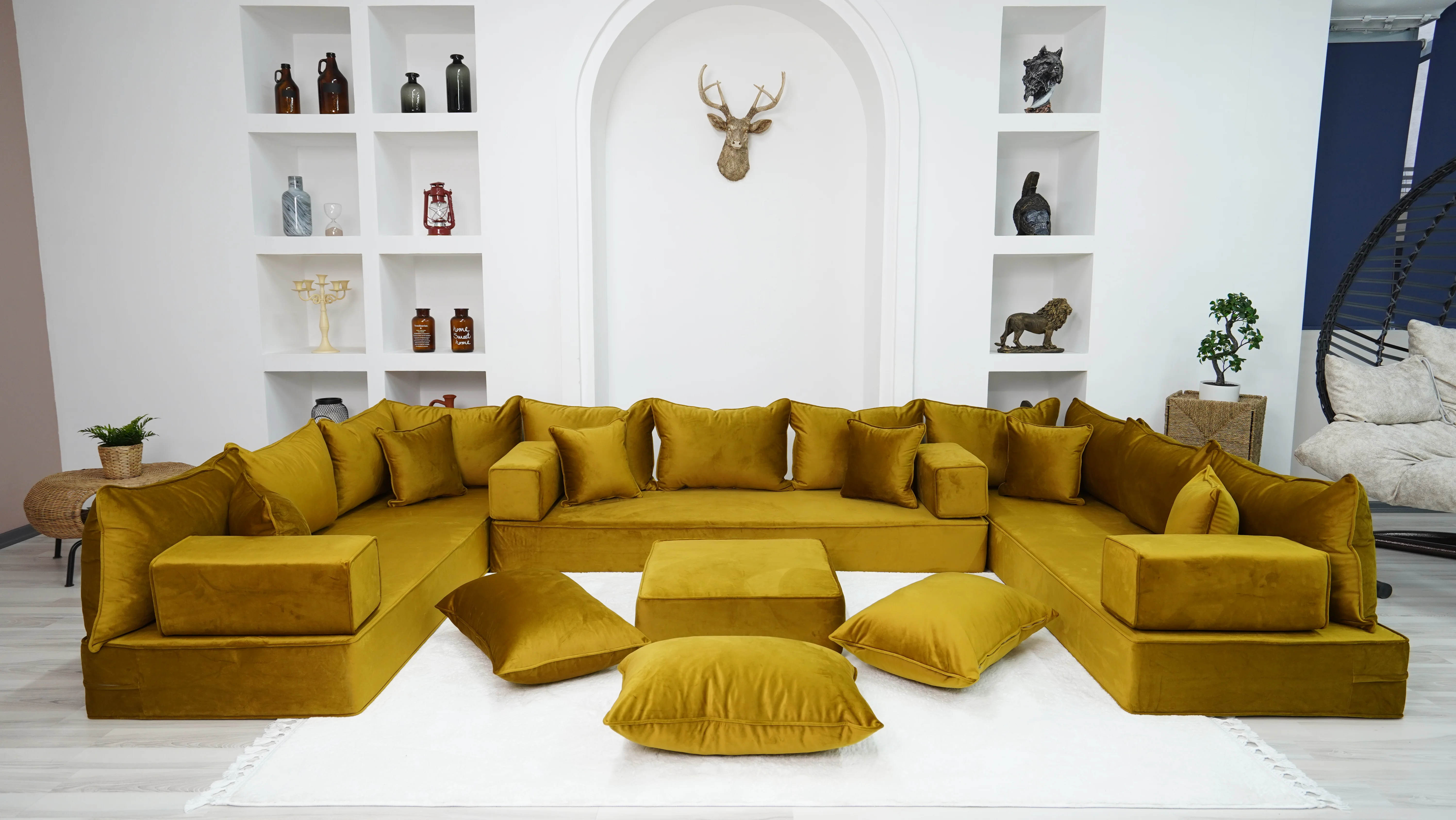 

8" Thickness Velvet Gold Color U Shaped Floor Seating Sofas, Sectional Sofas, Modern Livingroom Floor Couch, Moroccan Home Decor