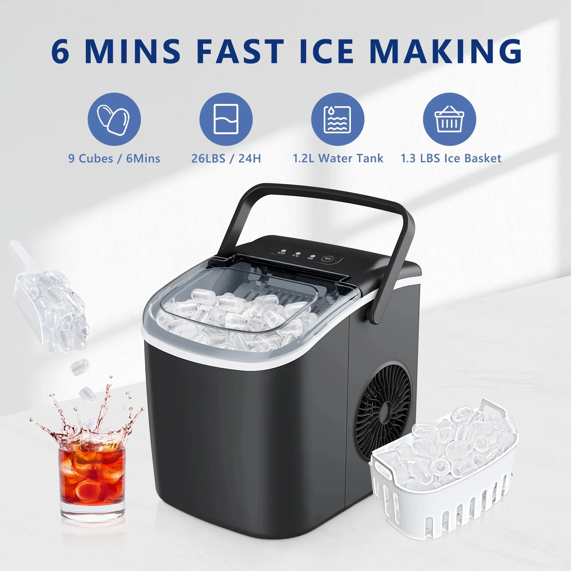 SIMZLIFE 25 lbs/24H Countertop Ice Maker Machine, 9 Bullet-Shaped Ice in 6 Min, Auto-Cleaning 2