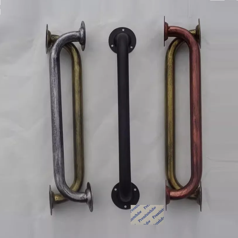 Retro Rural Bent Water Pipe Barn Door Pull 2Pcs Wall Grab Towel Bar Bronze Matte Black Silver Copper