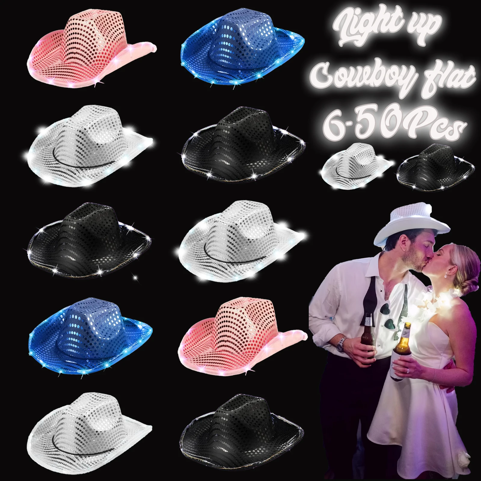 6-50Pcs Light up Cowboy Hats LED Cowgirl Hats for Wedding Dance Ball Western Cowboy Hat Bachelorette Cowgirl Hat Party Favors