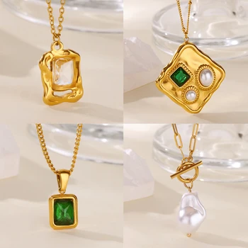 Vintage Green Square Zircon Necklaces for Women 18K Gold Plated Geometric Irregular Pendant Stainless Steel Necklace Jewelry