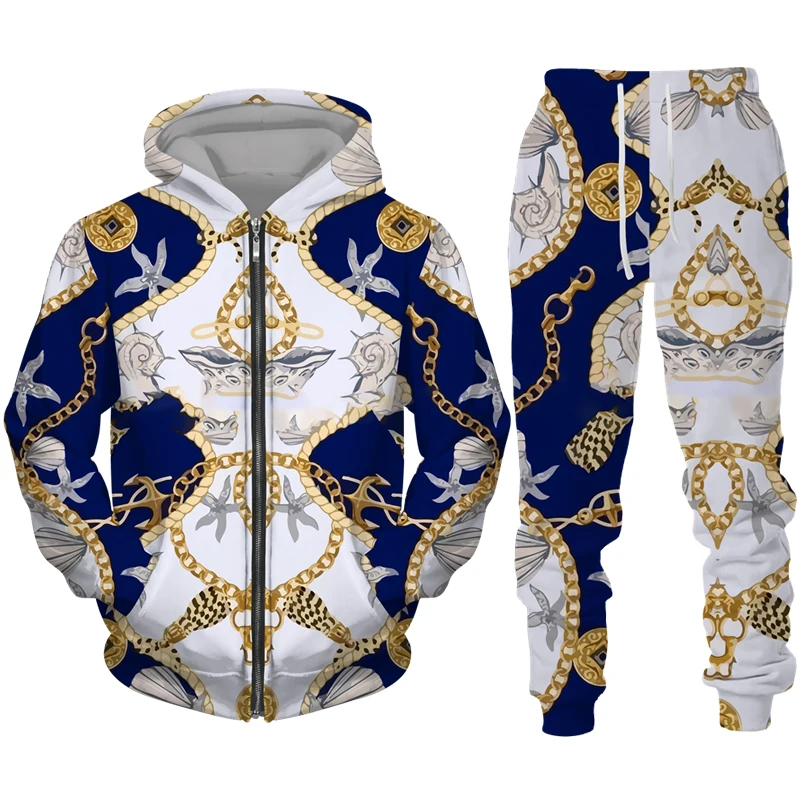 2023FashionLuxuryChainSeries3DPrintZipperHoodiePantsTwoPiece