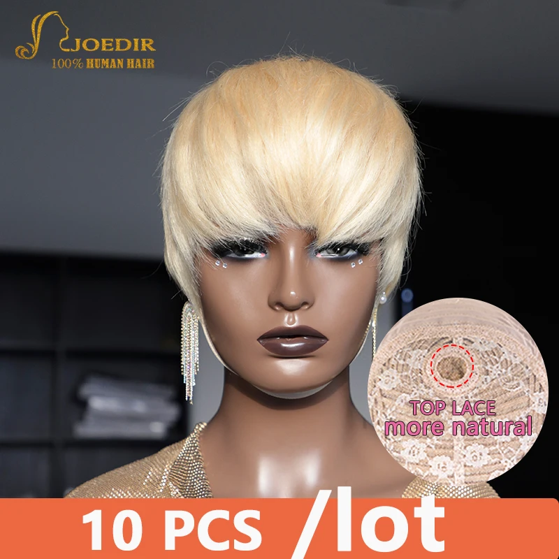

613 Honey Blonde Color Lace Wig Short Wavy Bob Pixie Cut Full Machine Made Human Hair Wigs With Bangs For Black Women Remy Jodir