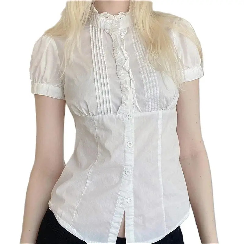 Rockmoer Women's White Y2K Slim Crop Blouse