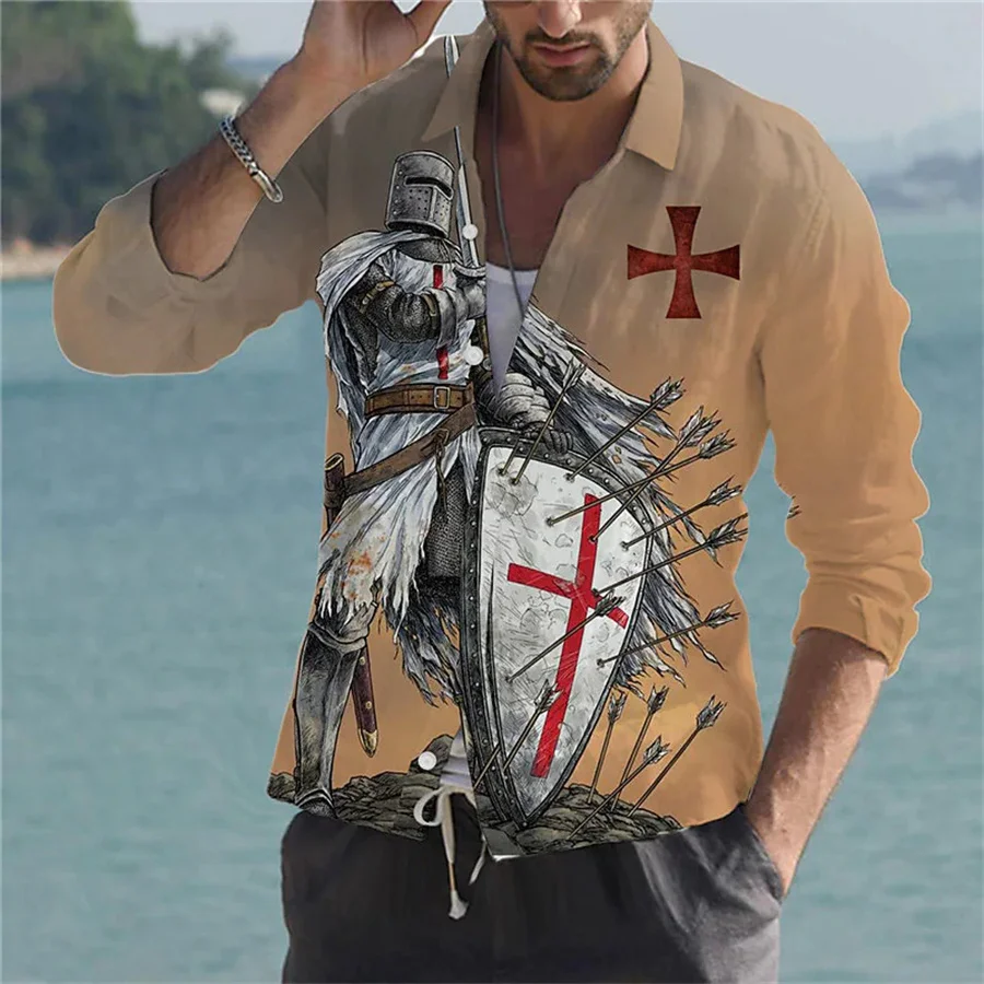 Men's Shirt Printing Legion Knight Patriot 3D Printing Clear Pattern Outdoor Street Long Sleeve Button Cotton Clothing Designer for lenovo legion y700 pattern printing trifold stand microfiber leather tablet case magnetic clasp auto wake sleep cover cat