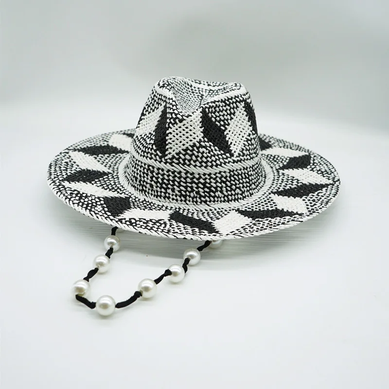 Black White Pattern Toquilla Straw Hats Summer Panama Hats Pearls Chain Sun Hats for Women Men Handmade Fedora Beach Travel Hat 1