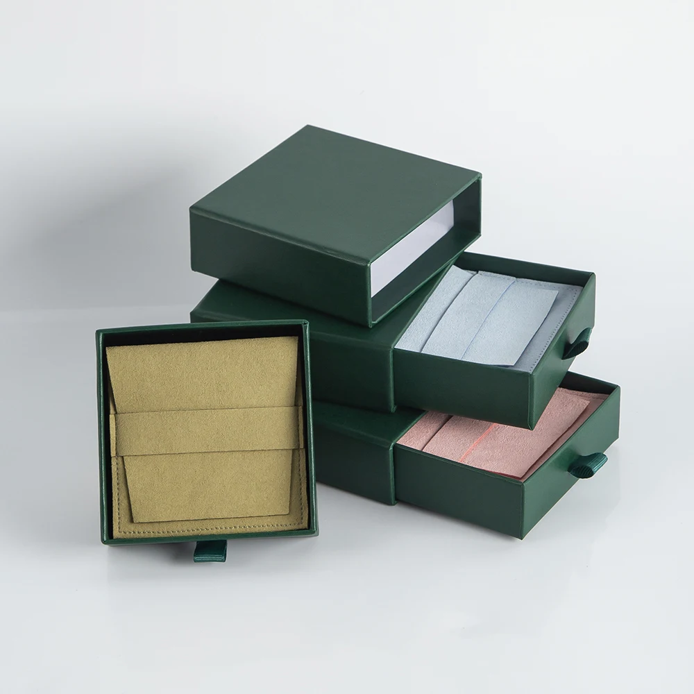 7x7x1.7cm Dark Green Drawer Cardboard Box Custom Logo Microfiber Jewelry Gift Bag Pouch Small Ring Brooch Packaging Personalized