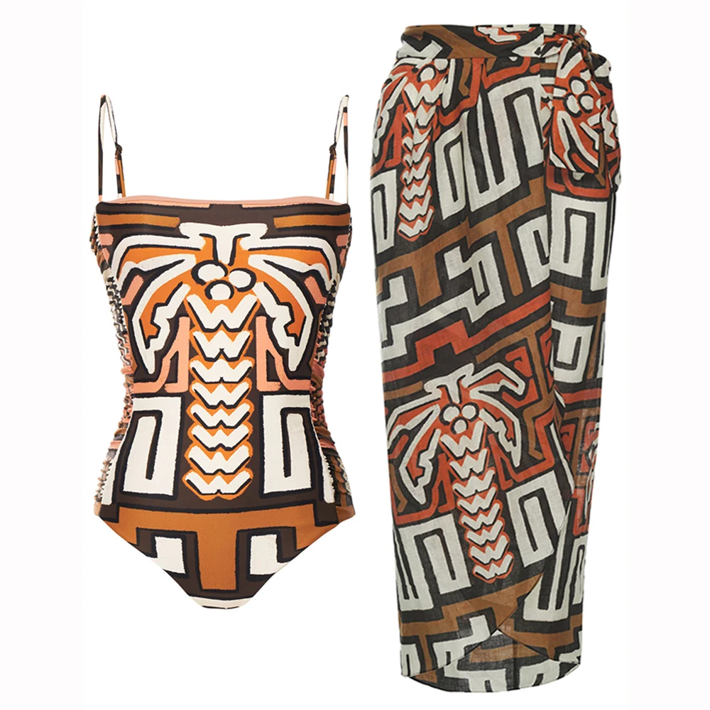 

Fashion Print Colorblock Sling Bikini 2022 New String Sexy Backless One Piece Swimsuit Elegant Slim High Waist Beachwear
