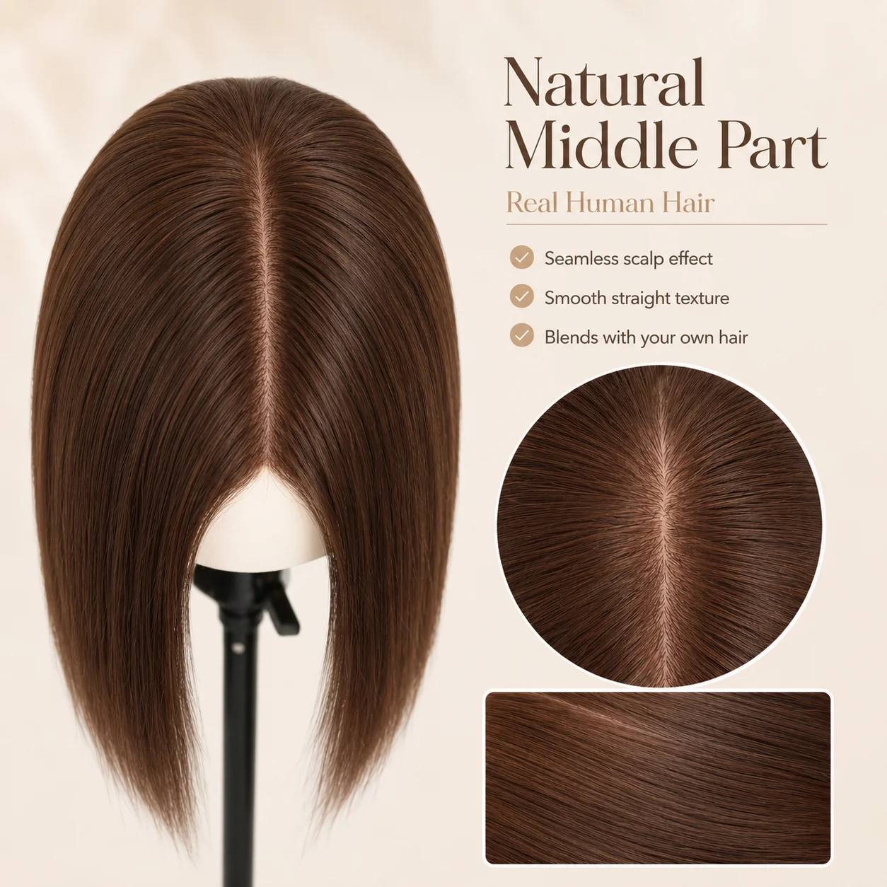 Topper per capelli umani con base in seta per donne con capelli diradati, dall'aspetto naturale, in capelli umani vergini - immagine 5