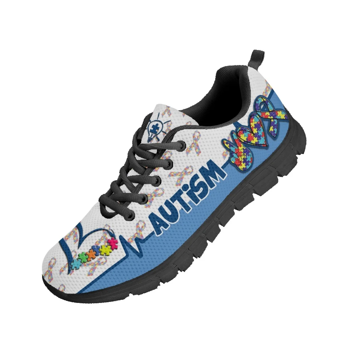 INSTANTARTS Lightweight Lace-up Flat Shoes Autism Awareness Love Pattern Casual Sneakers for Women Breathable Non-Slip Footwear