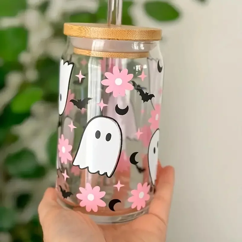 4 set of 550ml/18.7oz Halloween glass jar with bamboo lid and straw-perfect for cold drinks, suitable for juice, milk, etc.