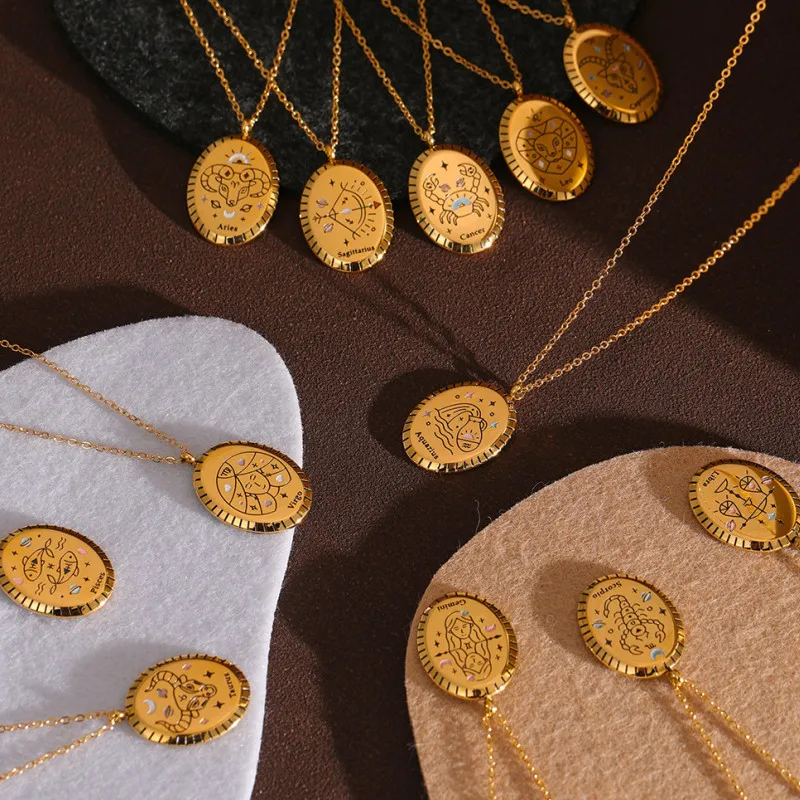 Vintage Oval Micaela Zodiac Necklace 12 Constellation Pendants Necklaces For Women Goth Jewelry Gift
