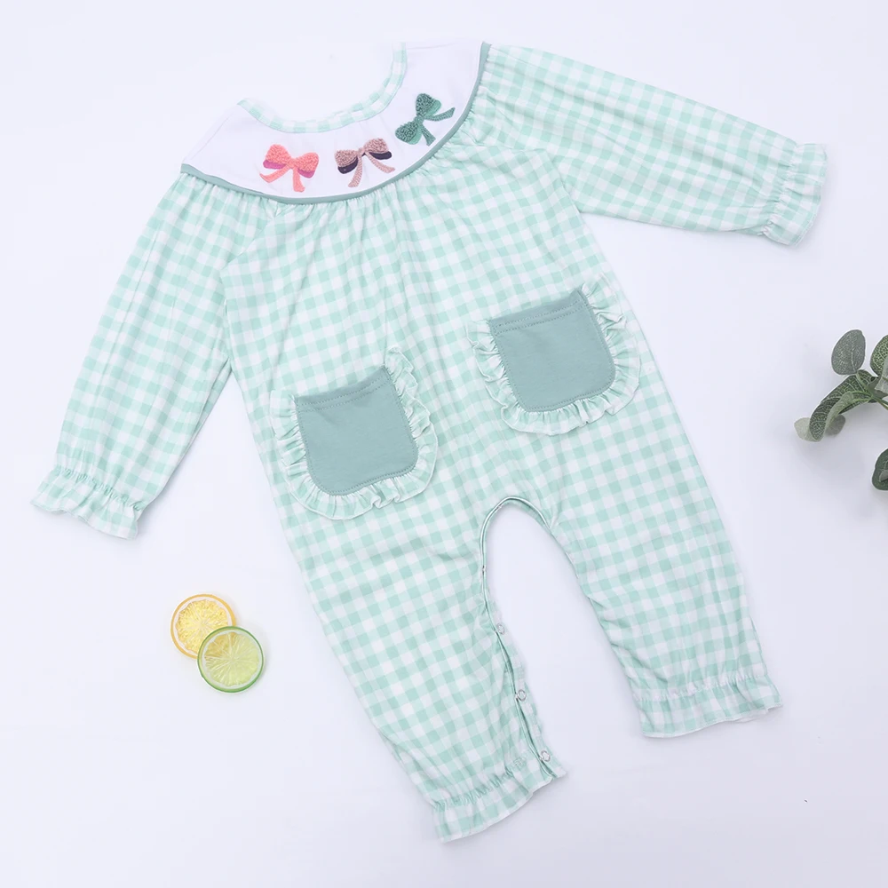 

Mint Romper Babi Girls Clothes French Knot Bow Embroidery Bodysuit Long Outfit Sleeve One Piece Pants Jumpsuit For 0-3T Girl