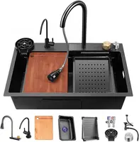 Nano Black Flying Rain Drop In Stainless Steel Watefall Kitchen Sink Single Bowl with Pull Down Faucet Se 1