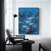 Hand Painted Abstract Blue Floral Oil Painting Textured Spider Lily Canvas Wall Art Unique Vertical Picture for Bedroom Decor 4