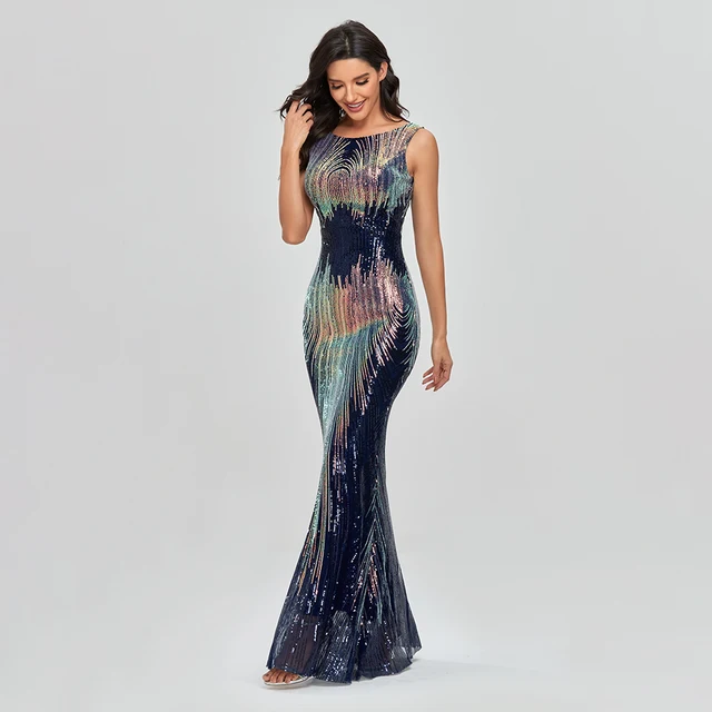 Sleeveless O-neck Evening Party Dress Shinning Sequins Mermaid Prom Gowns Elegant Slim Robe De Soriee Women Full Dress 2021 New 4