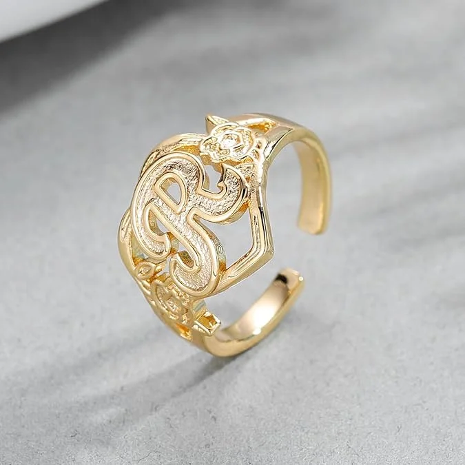 Personalized Gold Heart Initials Adjustable Ring for Women