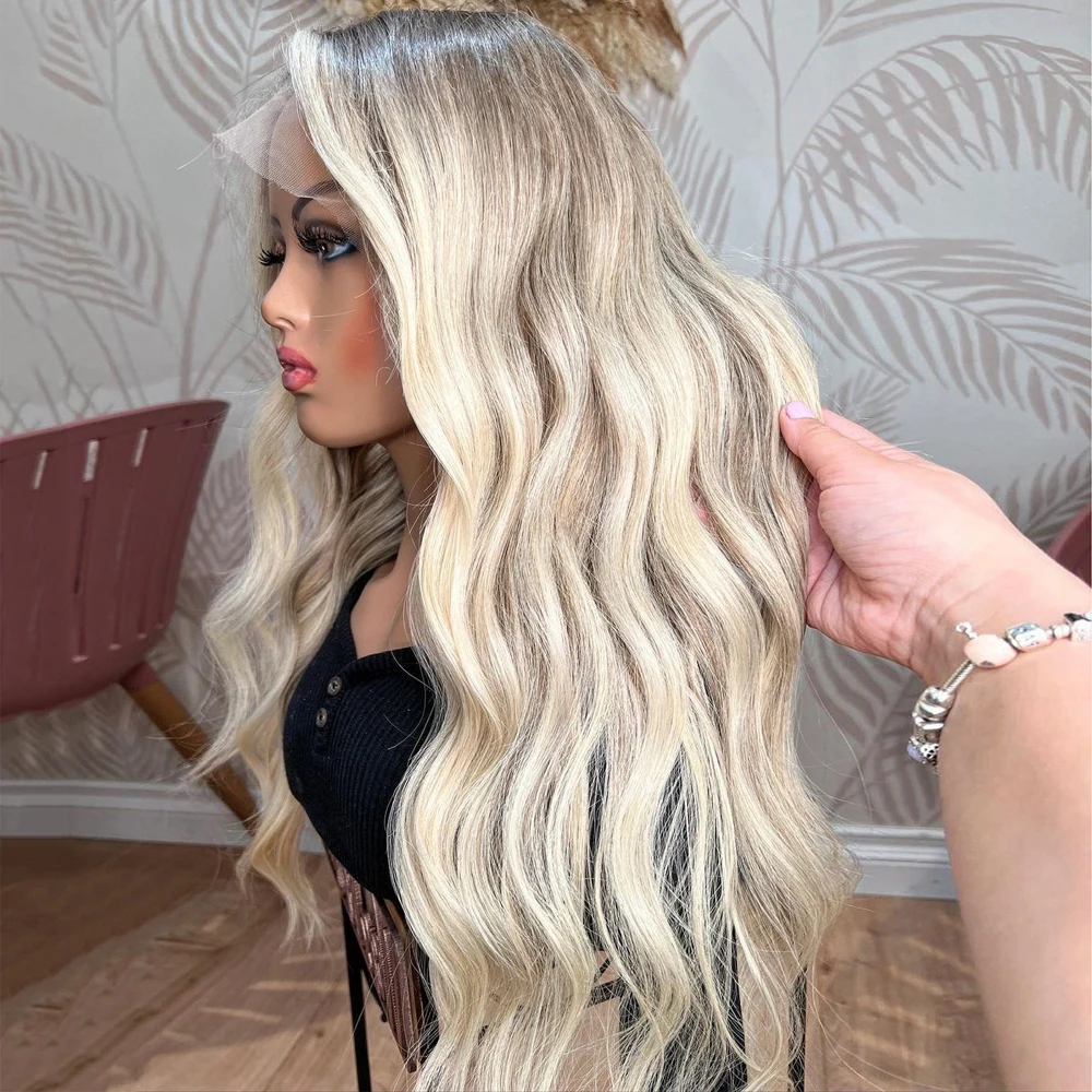 Real Virgin Brazillian Human Hair Full Lace Wigs Buttercream Blonde Highlights Wig Dirty Blonde Roots HD Lace Front Wig 13x6