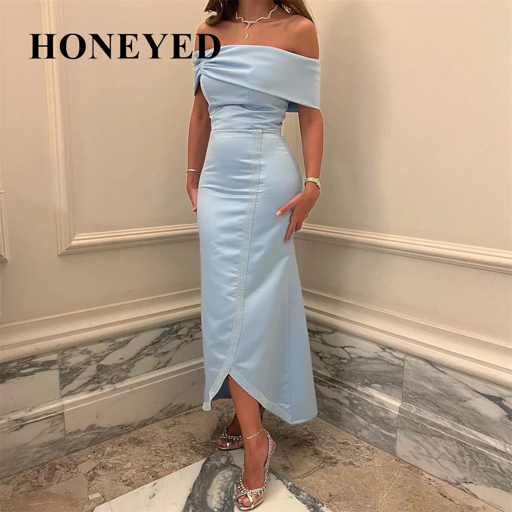 

HONEYED Blue 2024 Beads Mermaid Prom Dresses Off The Shouler Evening Dress Formal Saudi Arabia Cocktail Party Gowns Plus Size