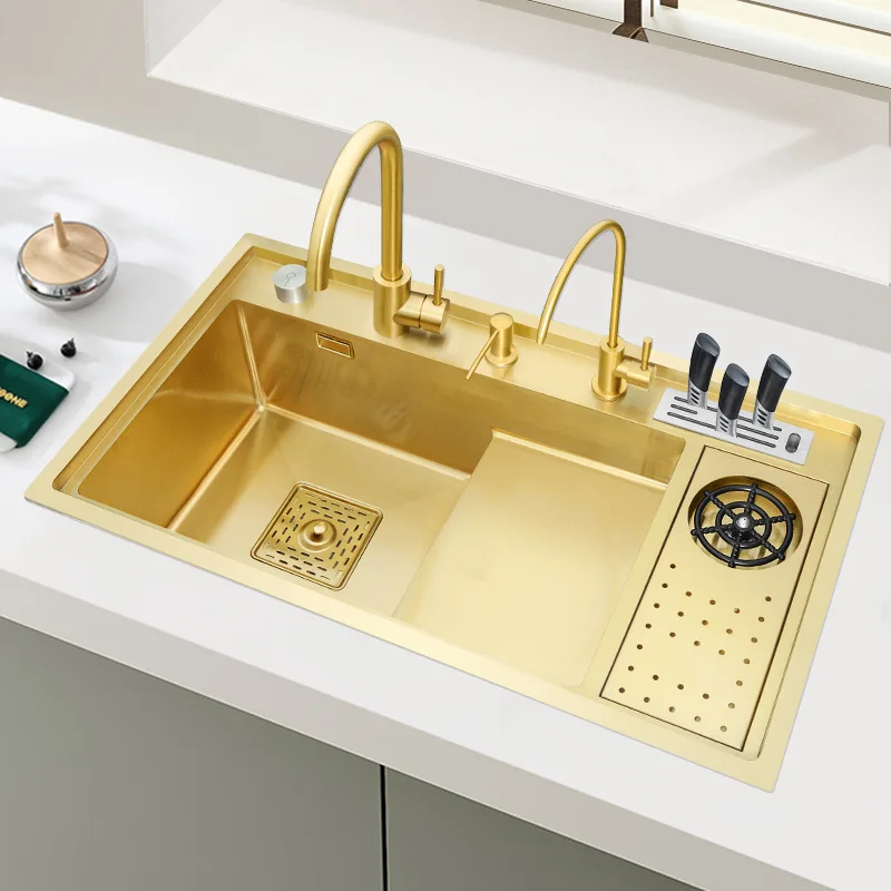 

Kitchen Sink Gold 304 Stainless Steel Step Single Brushed Bowl Pullout Faucet Knife Holder Washing Basin Home Cabinet Washer