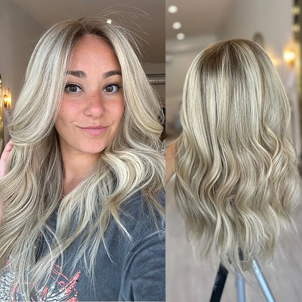 Light Blonde Highlights Ombre Hair 150% Densità Capelli Umani Vergini Balayage Roots Parrucca Premium Hair Lace Front Wig 24 "Hd13X6 Ondulato