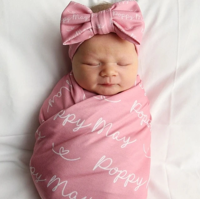 Personalized Swaddle Blanket Custom Newborn Swaddle Set Knot Hat bow wrap beanie Personalized Boy Gir Baby Wrap for Hospital 2