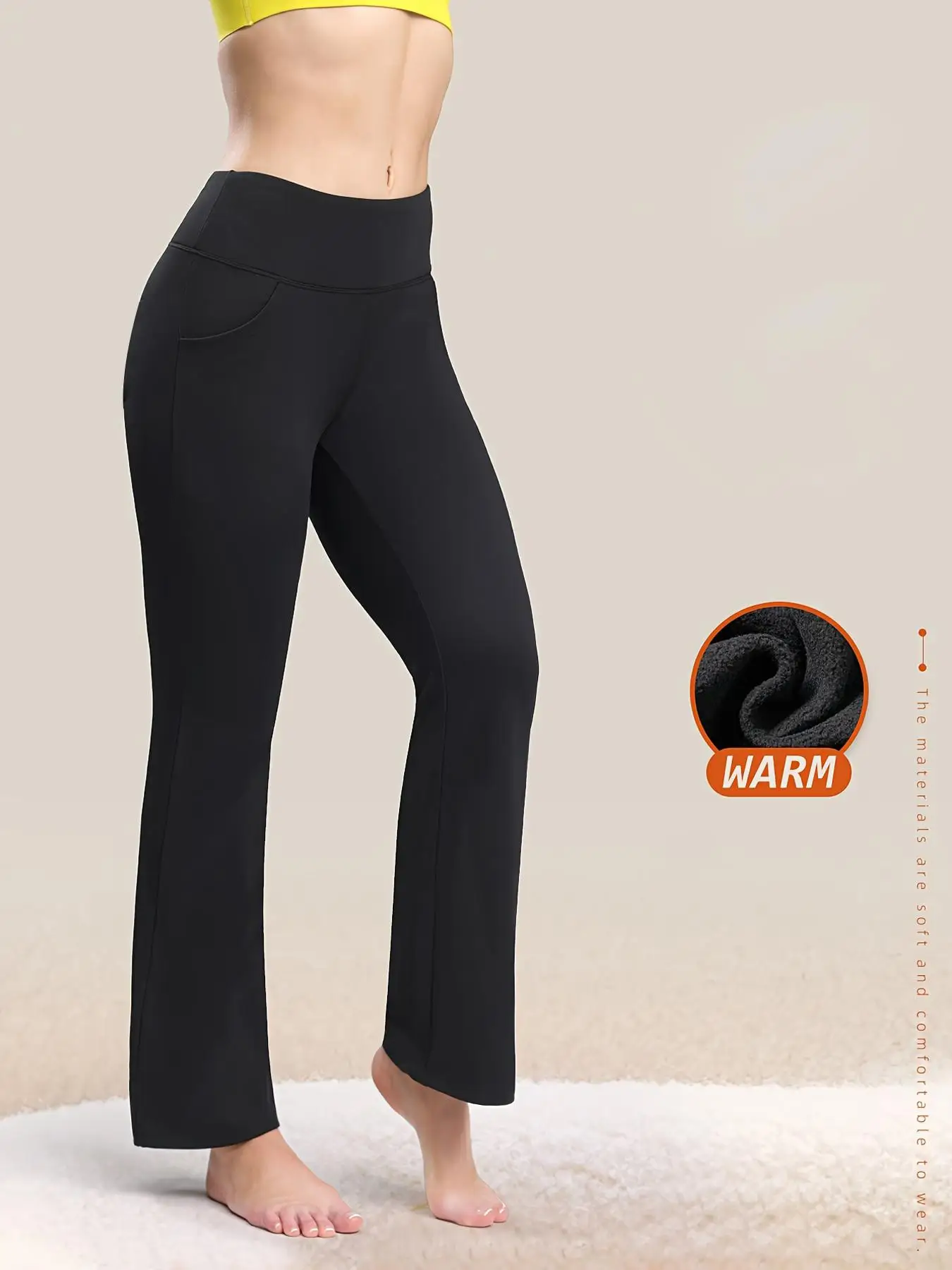 Women's High-Waisted Fleece-Lined Flare Leg Pants - Solid Color Quick-Dry Knit Trousers with Side Pockets, High Stretch 1