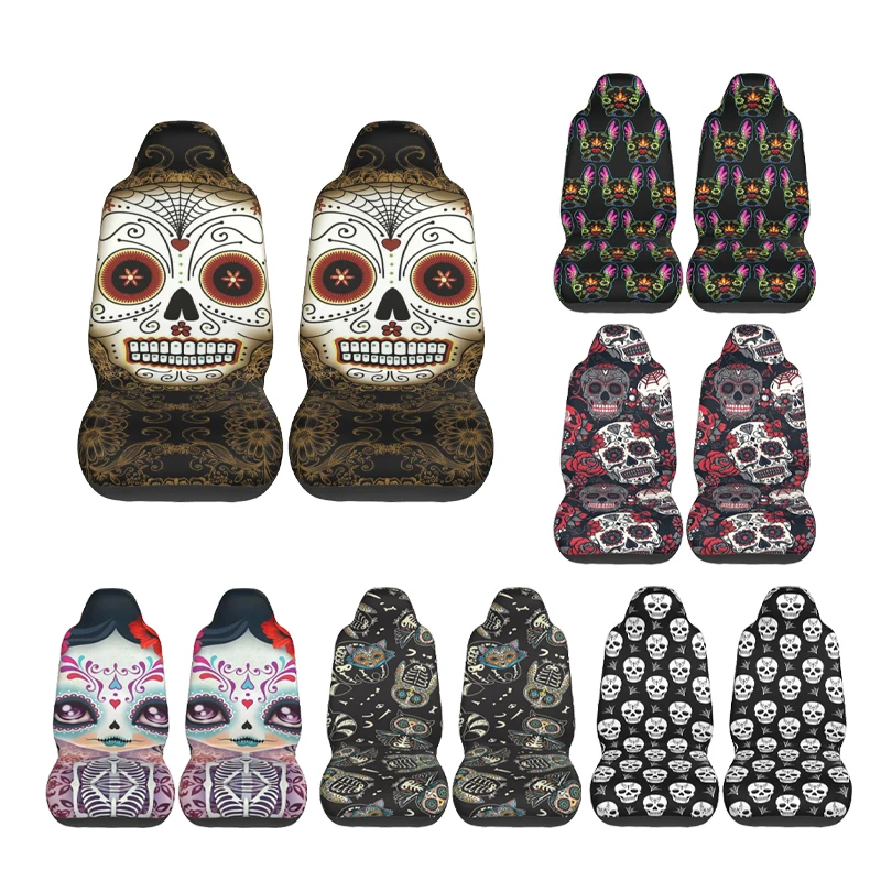 

Vintage Sugar Skull Car Seat Cover Custom Printing Universal Front Protector Accessories Cushion Set