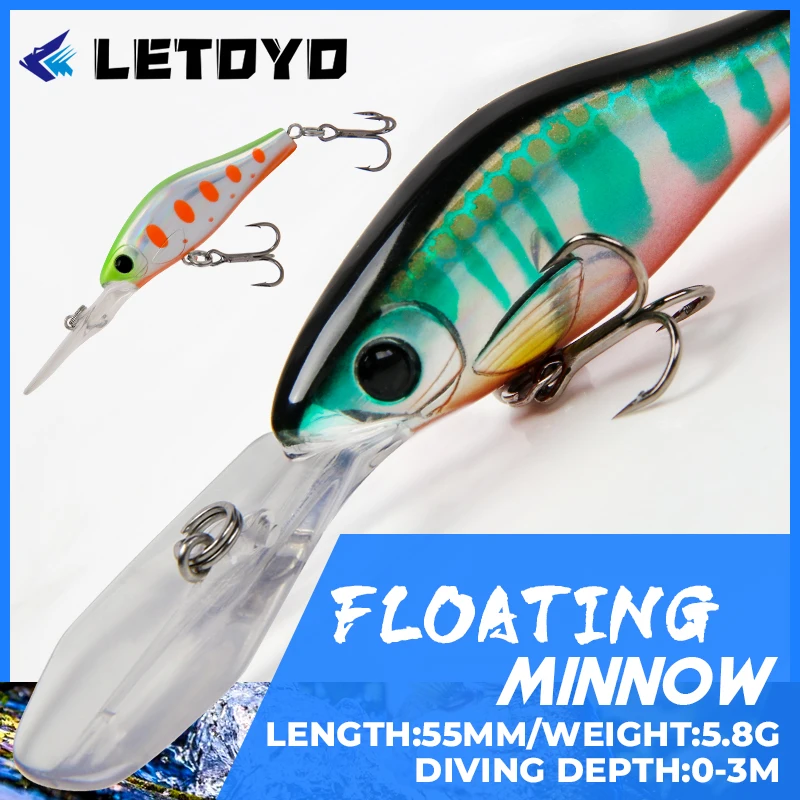 Floating Minow Rig LETOYO floating minnow 55mm5.8g 0-3m Artificial Hard bait Freshwater ...