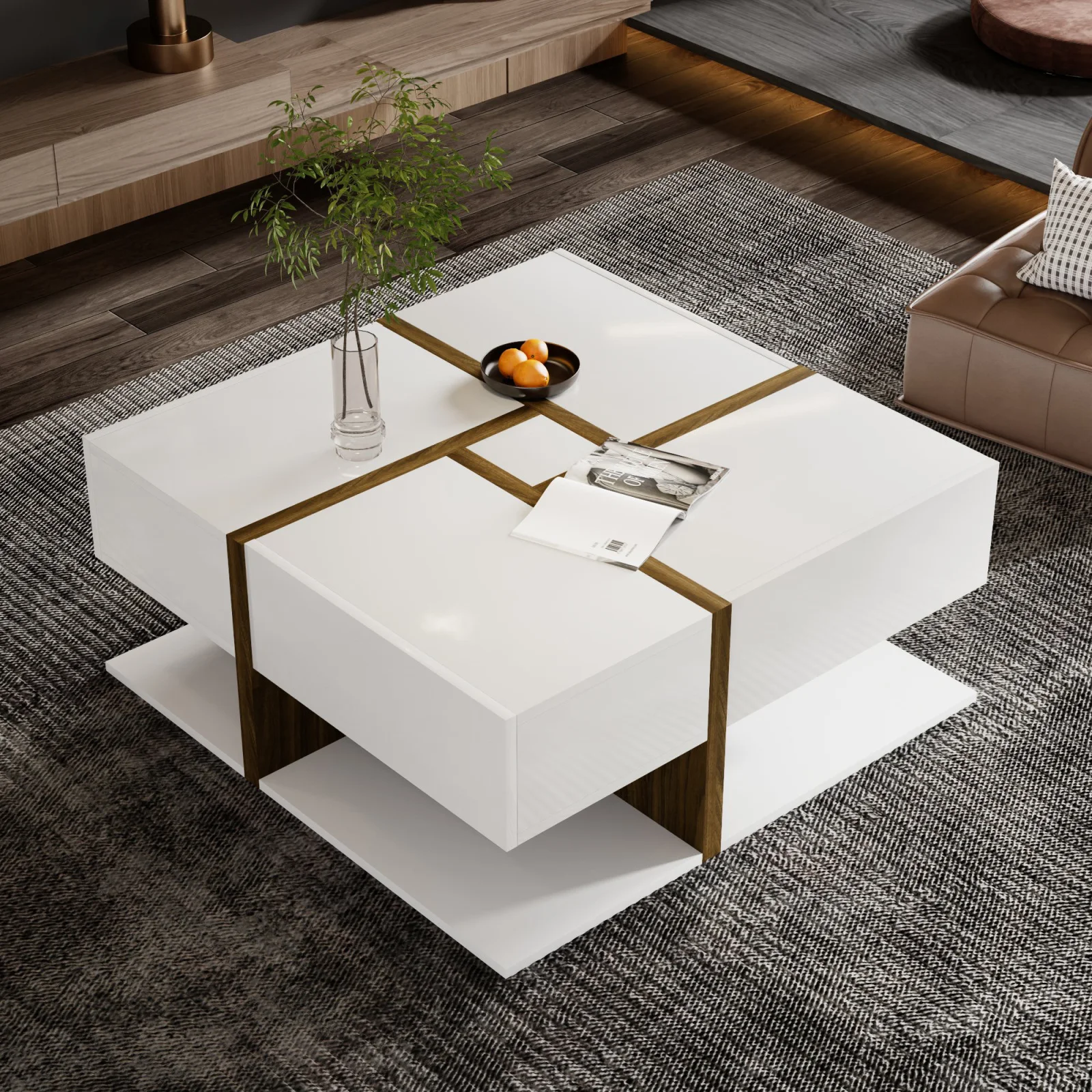Rosahqnda Couchtisch, Quadratischer Wohnzimmertisch, Sofatisch mit 4 Schubladen, Multifunktionaler Stauraum,Wohnzimmerdekoration – Detail 14