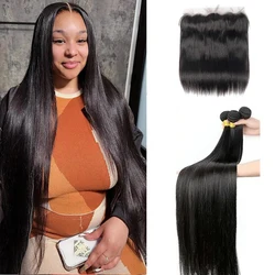 Straight Bundles with Closure Brazilian Virgin Human Hair 3 Bundles with 13x4 HD Lace Closure Natural Color Human Hair Bundles