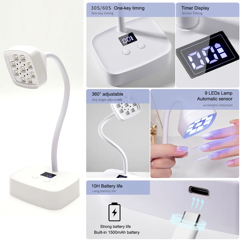 Cordless UV LED Nail Lamp for Gel Nails Dryer Rechargeable Auto Sensing Touch Control Drying Nail Light 360° Bendable Table Lamp 5