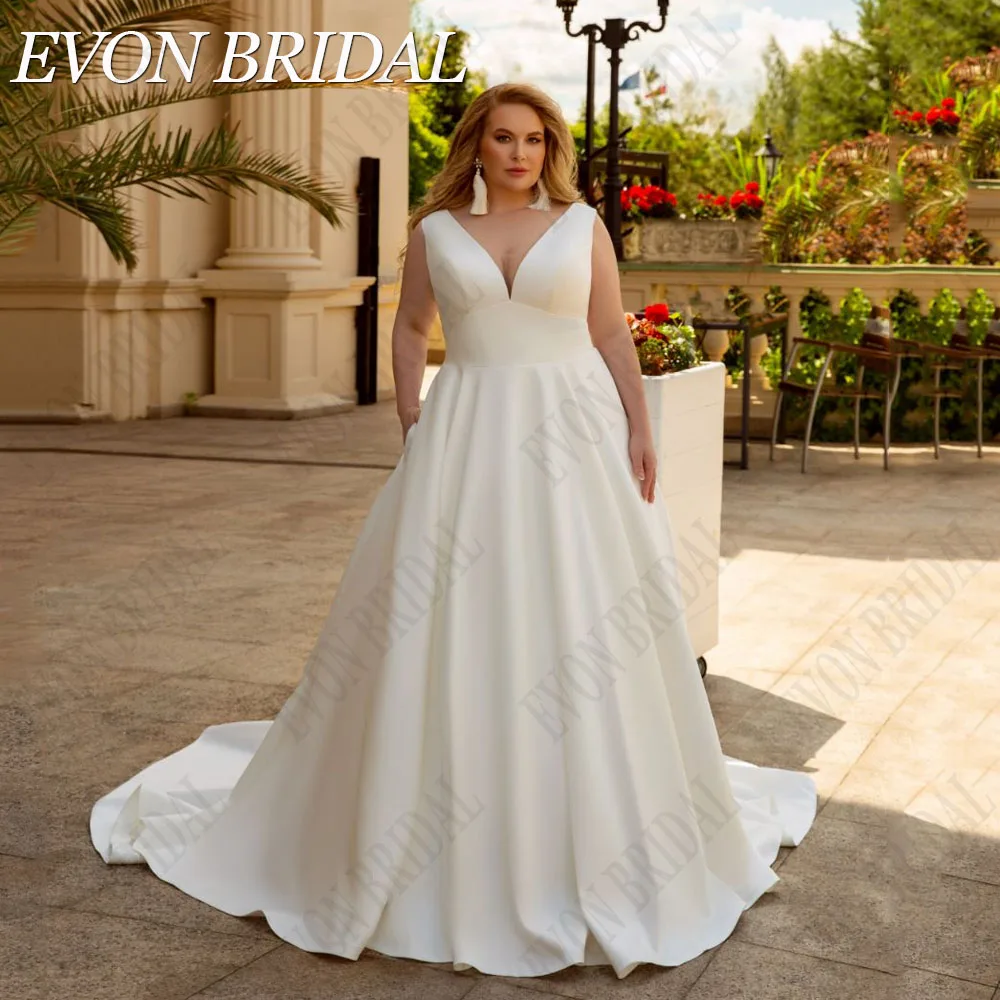 

EVON BRIDAL Satin Sleeveless Wedding Gown Plus Size V-Neck Applique Illusion Back Bride Dress Hochzeitskleider Damen Große größe