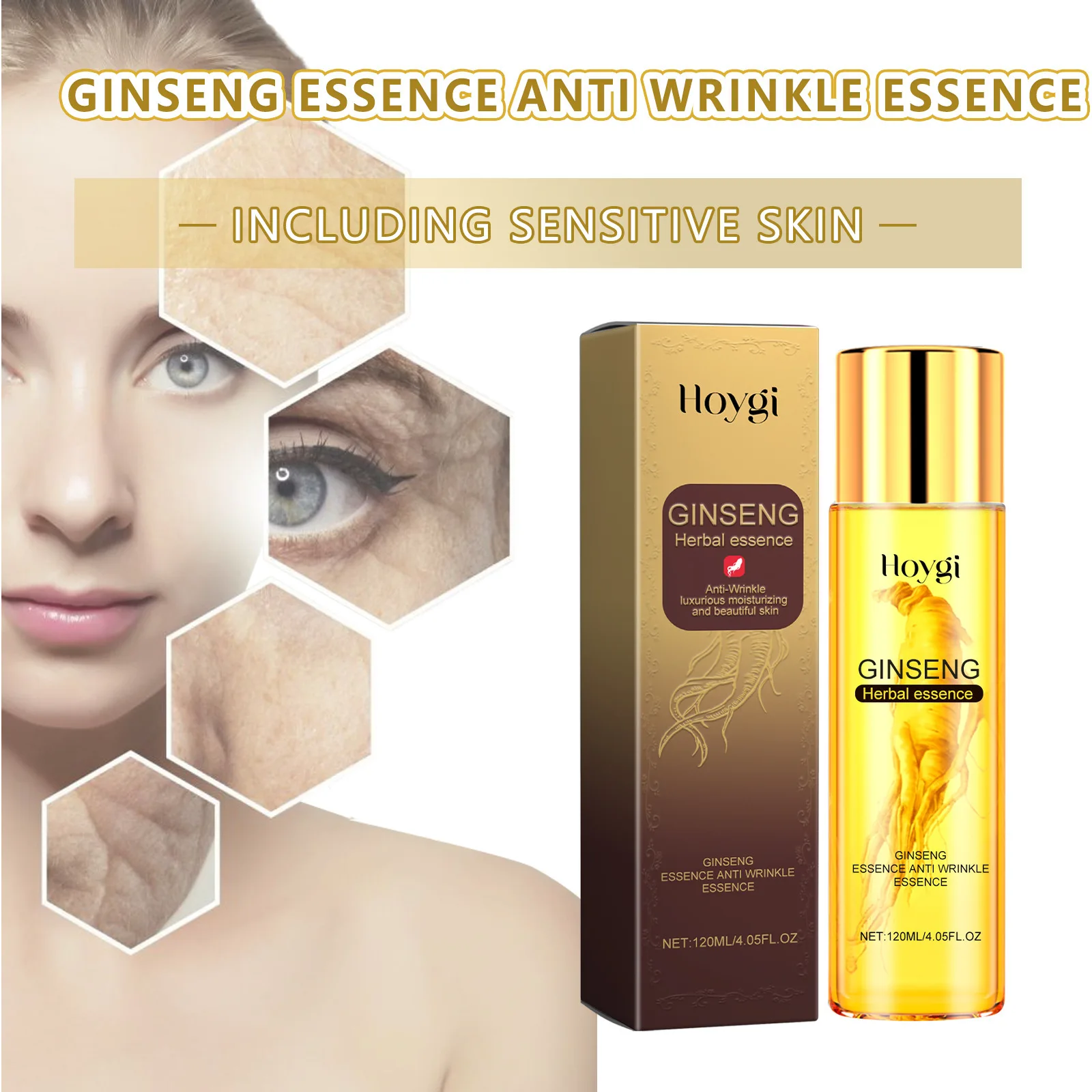 Hoygi 120ml Ginseng Anti Wrinkles Face Serum Fade Fine Lines Repair Face Dullness Hydration Brighten Moisturizing Facial Serum 3