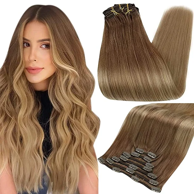Full Shine Clip In Human Hair Extensions Balayage Ombre Blonde Black Hairpins 7pcs 120g Double Weft 100% Machine Remy For Woman 10 14