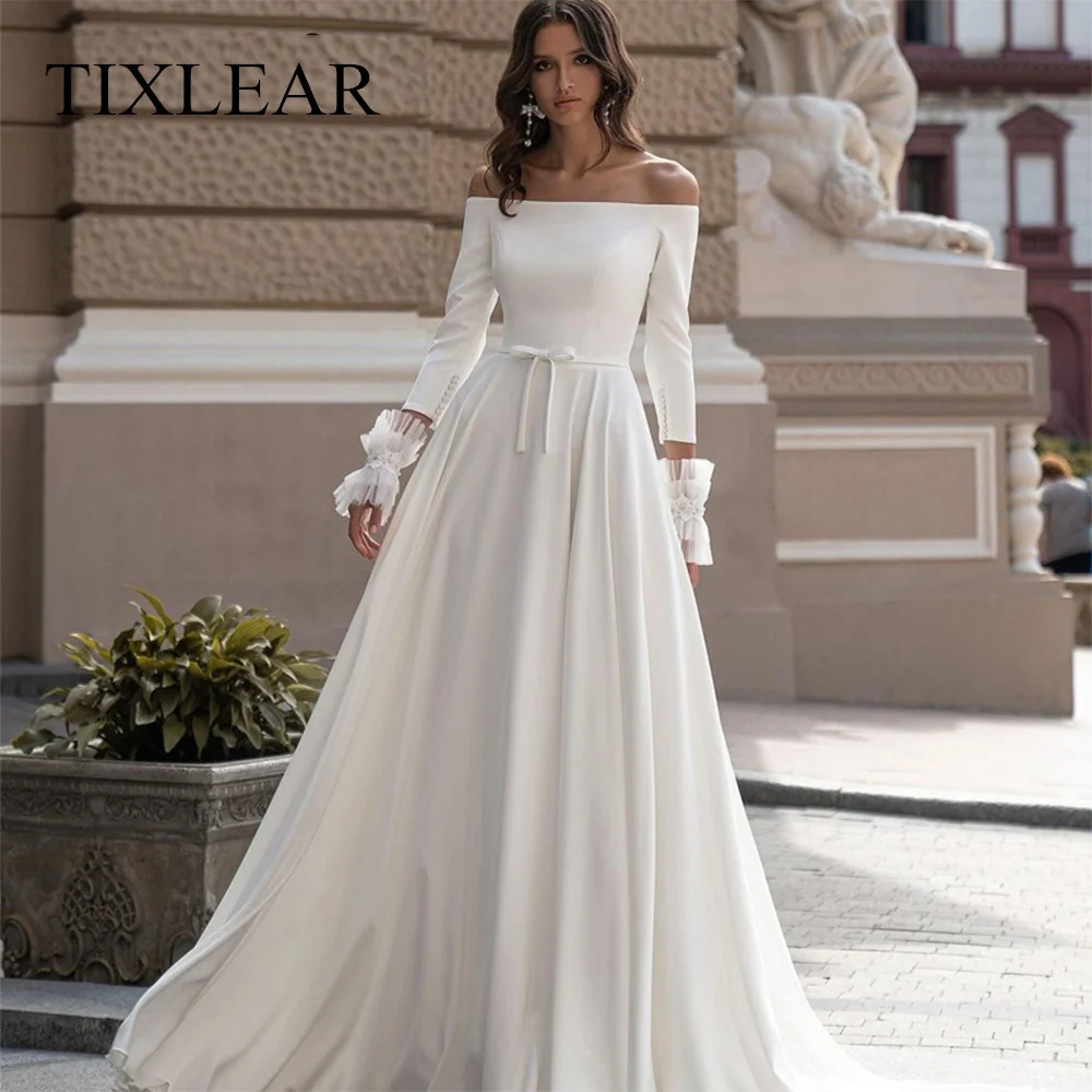 

TIXLEAR Simple A-Line Wedding Dress Boat Neck Three Quarter Sleeves Button Back Bridal Gown Floor Length Robe De Fête De Mariage
