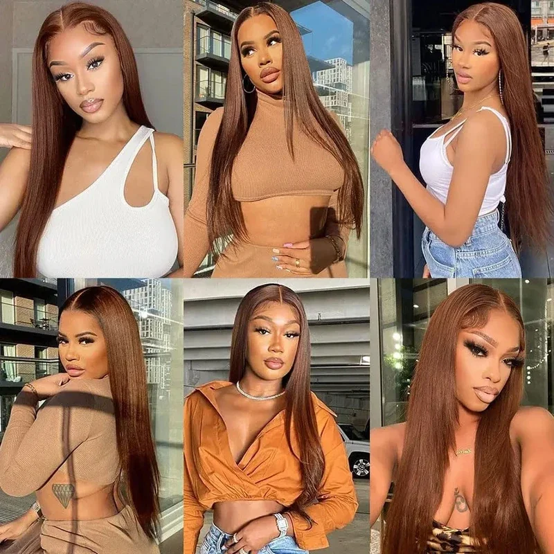 13x4 HD Chocolate Brown Bone Straight Lace Front Wig 32 Inch Lace Frontal Wig Human Hair Pre Plucked #4 Colored Human Hair Wig 5