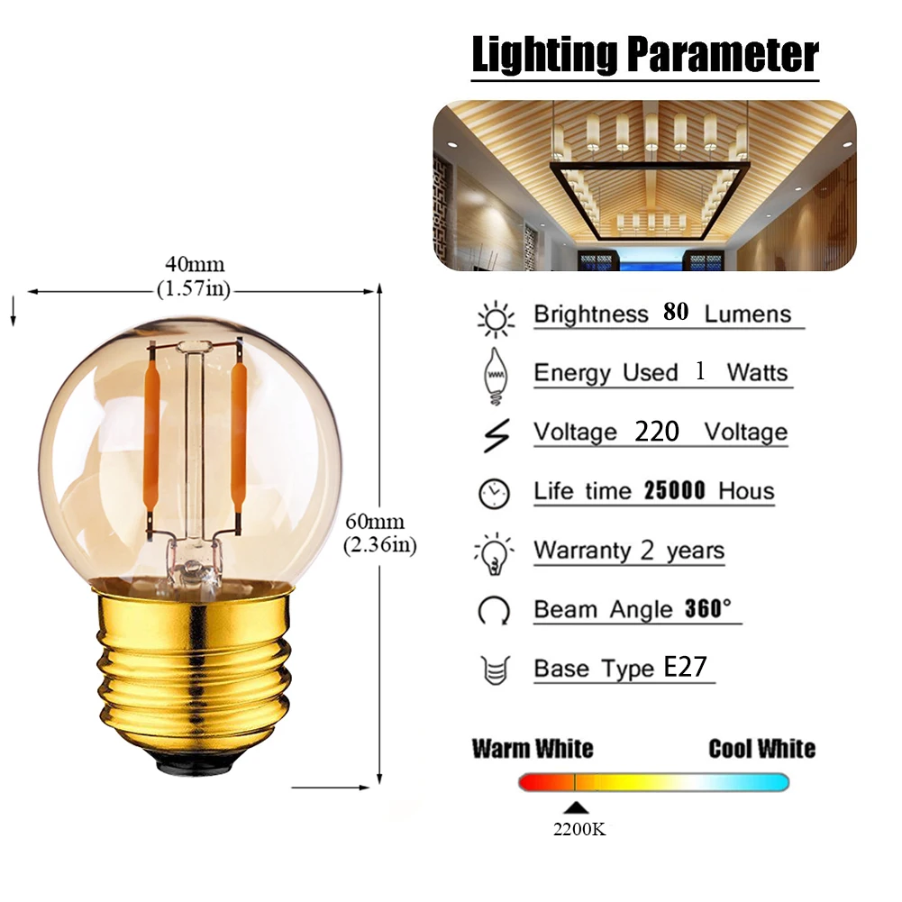 15 개/몫 빈티지 LED 전구 E27 디 밍이 가능한 G40G 1W 2200K 220V LED 전구 집 레트로 LED 조명 장식
