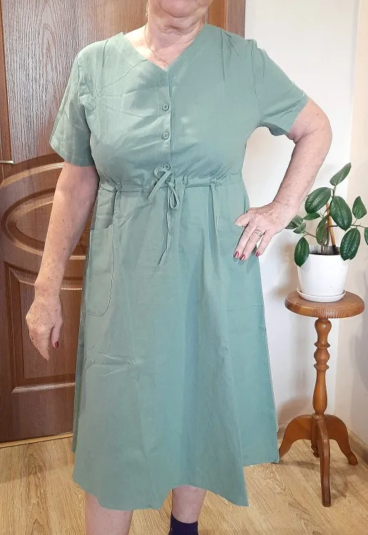 Elegant Cotton Linen V-Neck Midi Dress - Women's Breathable Drawstring A-Line Dress photo review