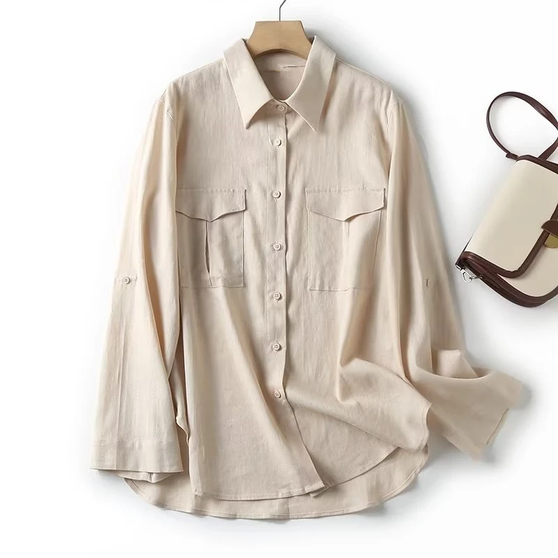 

Dave&Di 2023 Summer Shirt Linen Ladies Pockets Cargo Tops Loose Fashion Casual Blouse Women