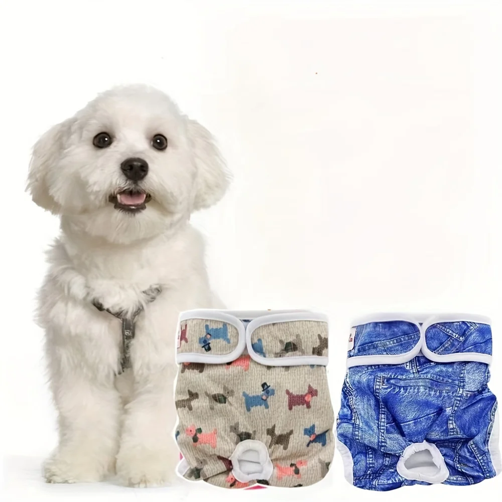 Washable Dog Diapers 2-Pack Physiological Pants Cartoon Print Diaper Reusable Sanitary Panties Nappy Belly Wrap for Female Dogs dog diapers pet diapers dog nappies