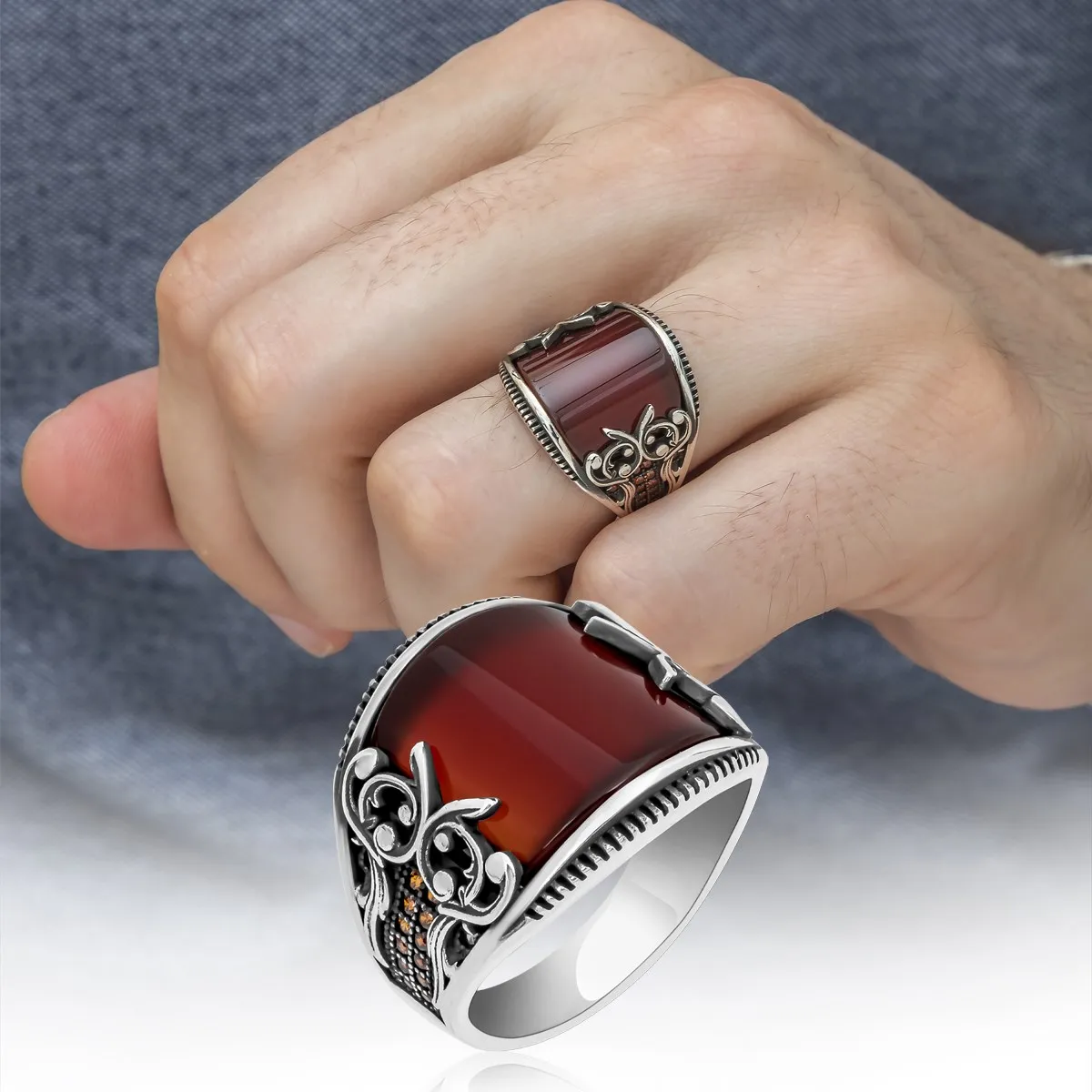

925 Sterling Silver Ring for Men Aqeeq Agate Stone Jewelry Fashion Vintage Gift Onyx Aqeq Mens Rings All Size